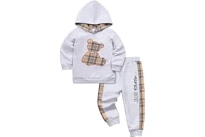 Yoxindax Toddler Baby Boy Clothes Outfits Plaid Bear Long Sleeve Hoodie Patchwork Pant Boy 2PC Outfit Set
