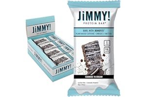 JiMMYBAR! - Cookies N Cream Protein Bars 19g Protein Bar - 7g Low Sugar - 12 Count - 58g Health Bars - Functional Snack with Real Food Ingredients - Hand-Drizzled Chocolate - Made With Real Peanuts
