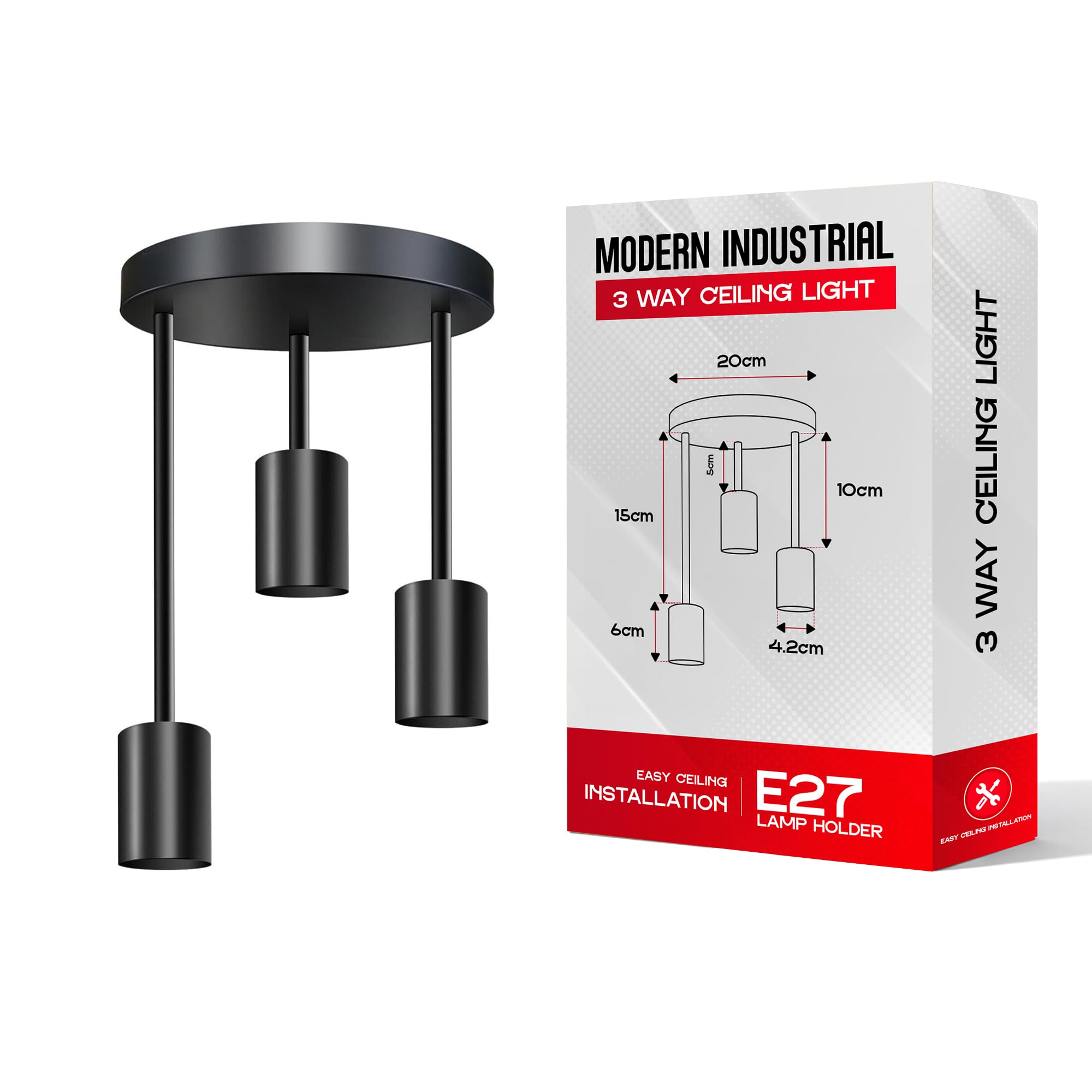 LEDSone 3 Way Industrial Ceiling Light Black Metal Hanging Light Fixture E27 Bulb Base Flush Light for Living Room Kitchen Bedroom Dining Room Hallway