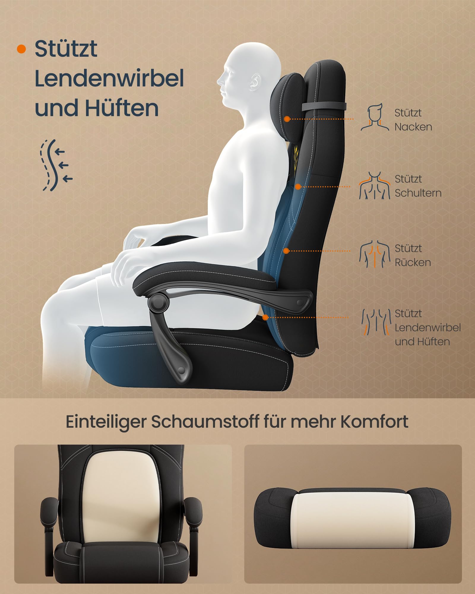 SONGMICS HOME Gaming-Stuhl, ergonomischer Computerstuhl mit Fußstütze, Bürostuhl, Drehstuhl mit Kopfkissen, Baumwoll-Leinen-Mischgewebe, höhenverstellbar, tintenschwarz OBG072BH03 4
