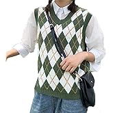 Hyipels Sweater Vest Women,Sleeveless V Neck Argyle Plaid Long Preppy Loose Knitted Casual School Sweaters Tank Top
