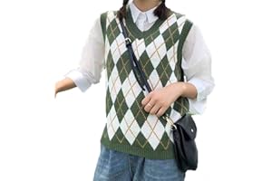 Hyipels Sweater Vest Women,Sleeveless V Neck Argyle Plaid Long Preppy Loose Knitted Casual School Sweaters Tank Top
