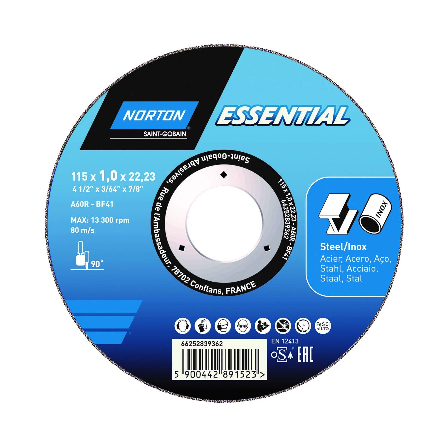 Flat cutting disc Angle Grinder Norton Essential-METAL INOX-115x1x22.2