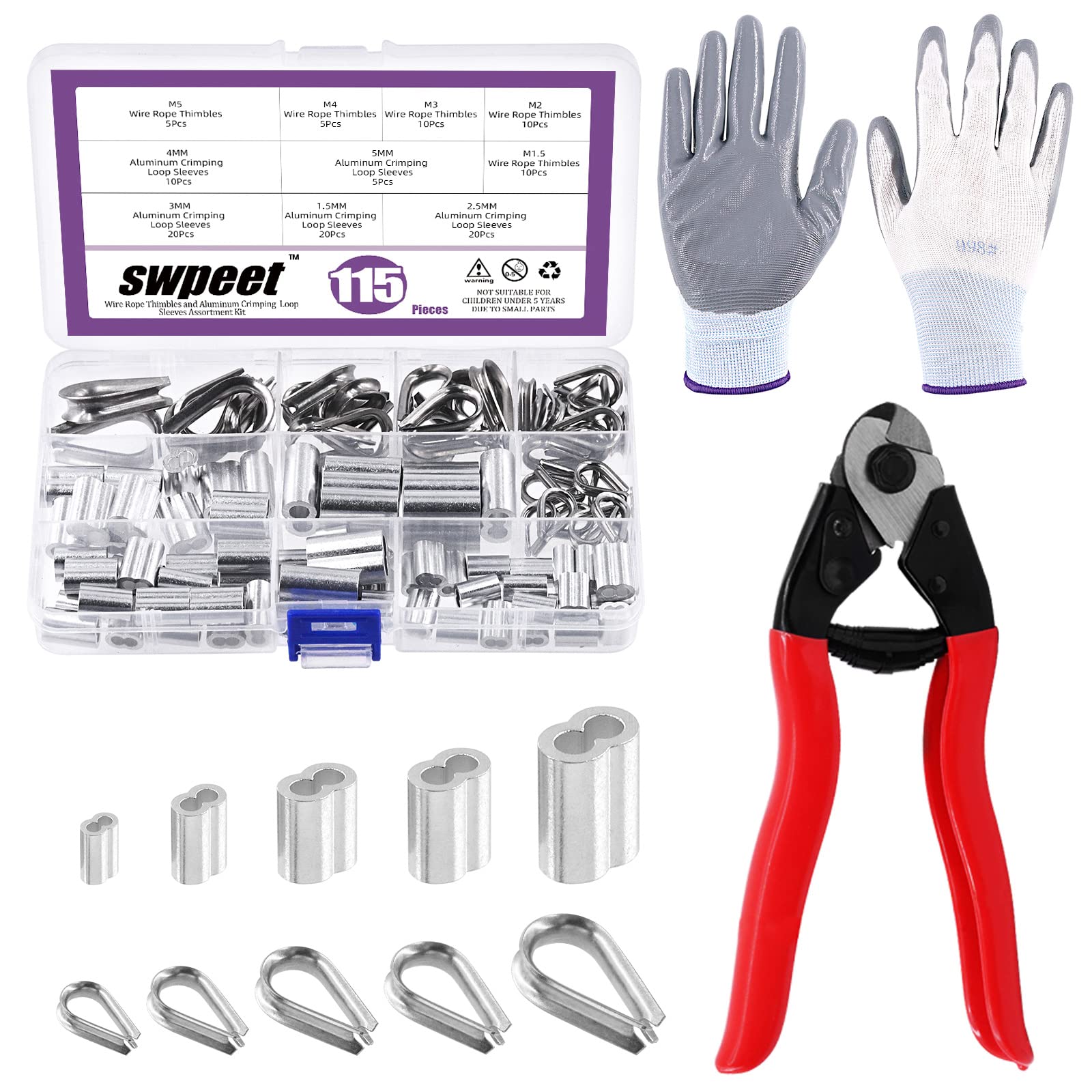 Swpeet 122Pcs Cable Wire Rope Cutter Tool Set, 8 Inch Cable Cutter Up to 5/32", with 5 Size Aluminum Double Crimping Loop Sleeve, 5 Size Stainless Steel Thimble and Cut Work Resistant Gloves