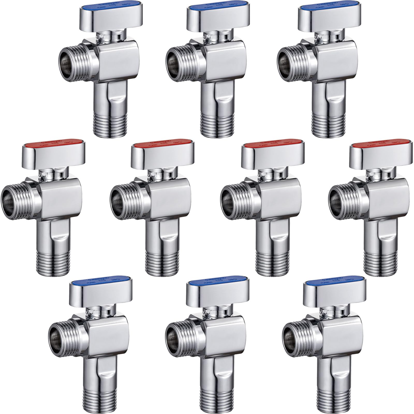 Photo 1 of 10-Pack SUBMARINE 1/4 Turn Brass Angle Stop Valve Body & Core Control Hot and Cold Water without Leakage, 1/2'' Inlet and 1/2'' Outlet Caliber with 3/8'' Adapter for Kitchen and Bathroom-4 Red+6 Blue