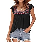 DOROSE Womens Square Neck Embroidered Tops Flowy Babydoll Tops Ruffle Sleeve Boho Peasant Blouses