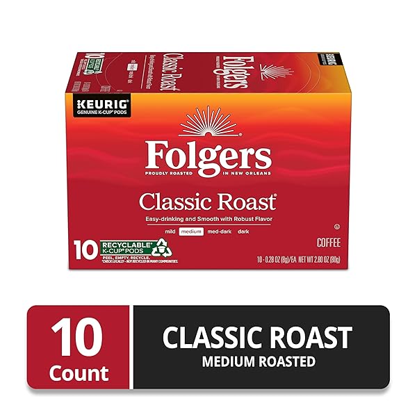 FOLGERS CLASSIC ROAST COFFEE, MEDIUM ROAST, KEURIG K-CUP PODS, 10 COUNT BOX