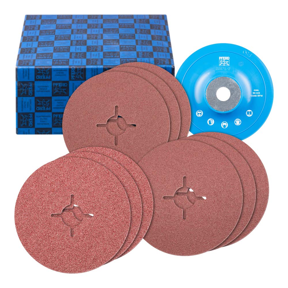 PFERD 64198001 Fibre Discs Set 10 Pieces Corundum Diameter 125 mm A36, 60, 80 with GT Support Plate for Universal Applications