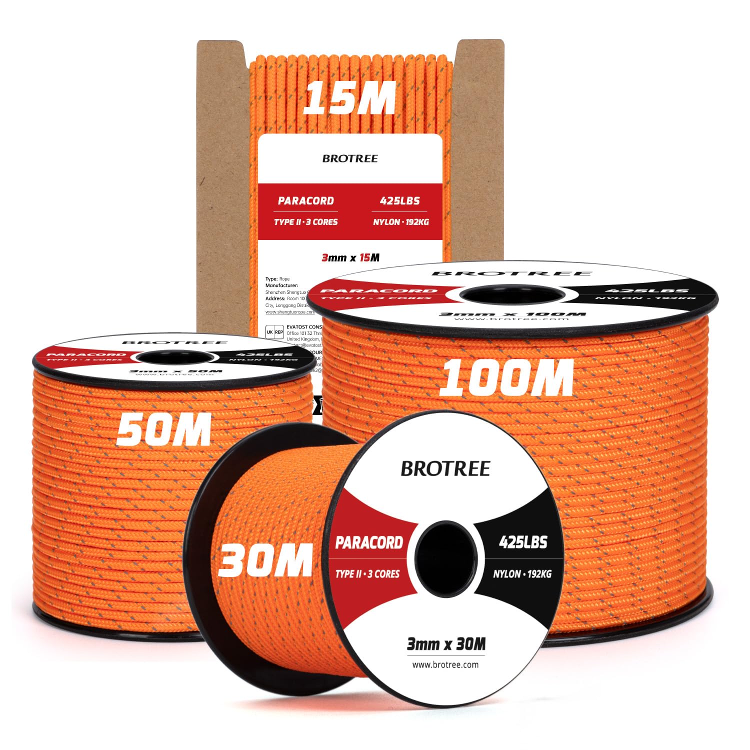 Brotree 3mm Paracord 425 100% Nylon 50M Rope 3 Strands Type II Parachute Cord for Outdoor, Craft, DIY - 192kg Breaking Load (Reflective Orange)