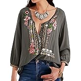 Higustar Mexican Tops for Women Embroidered Shirts Bohemian Hippie Clothes Tunic Fiesta Plus Size Boho Peasant Blouses
