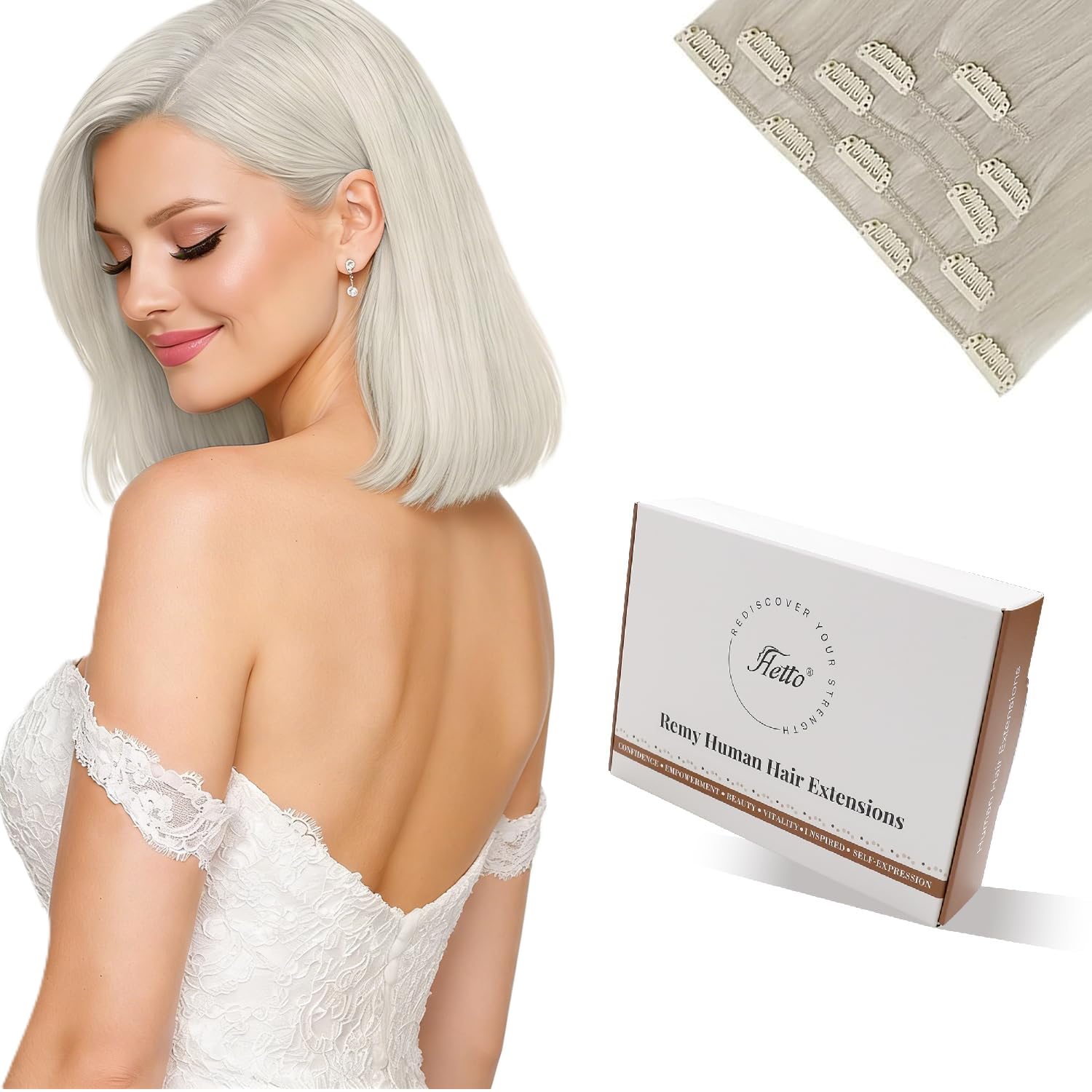 Hetto Clip in Hair Extensions Real Human Hair Platinum Blonde - Hair Extensions Clip in Human Hair Invisible, Quick Install Seamless Blend Hair Extensions 14 Inch 5Pcs 80g#60 — image 1
