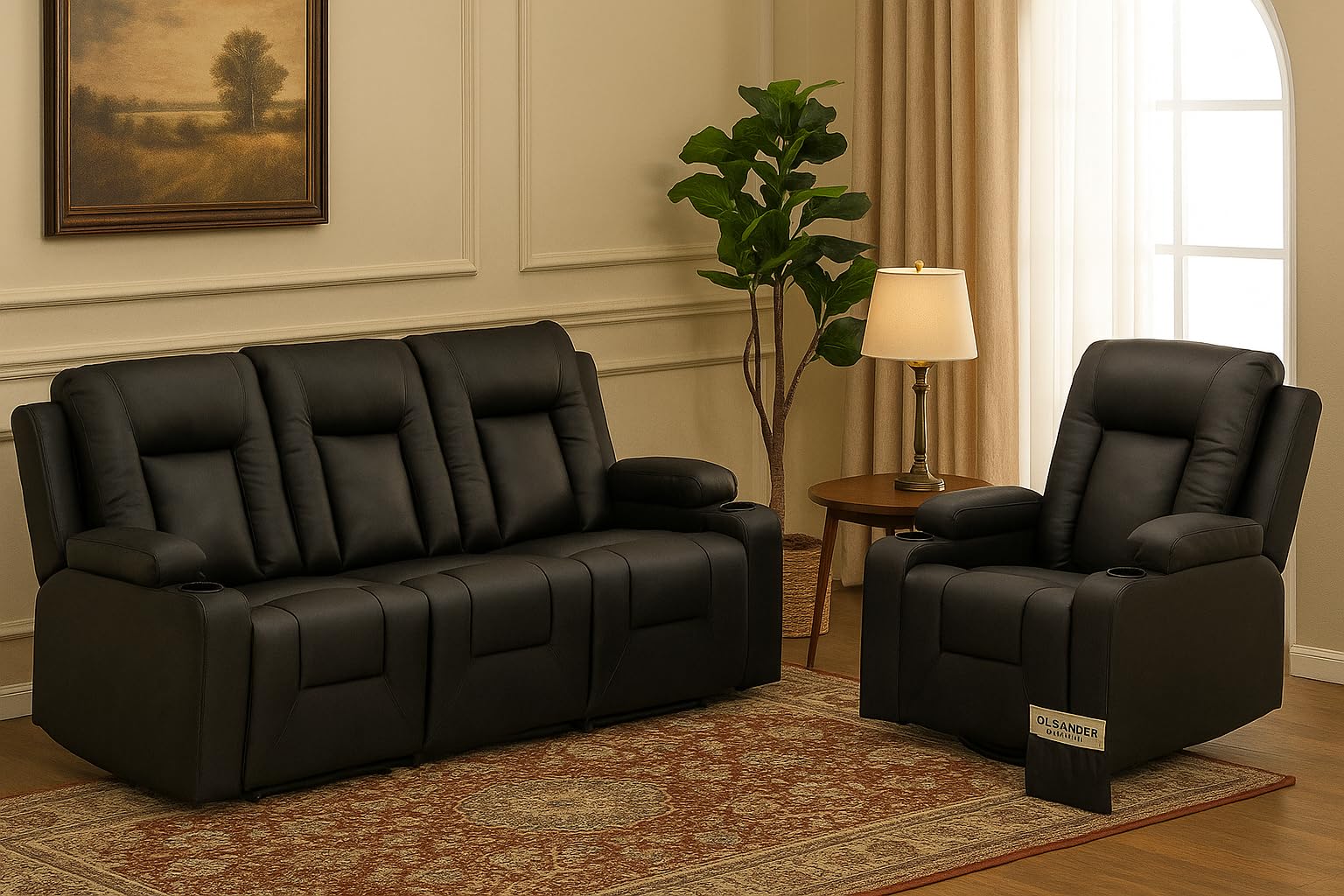 Photo 1 of LUCKLIFE Leather Recliner Sofa Set with Manual Recliners,Living Room Furniture Set with Reclining Couch,Loveseat and Armchair,Living Room Chair with Cup Holders,Black (3+1)