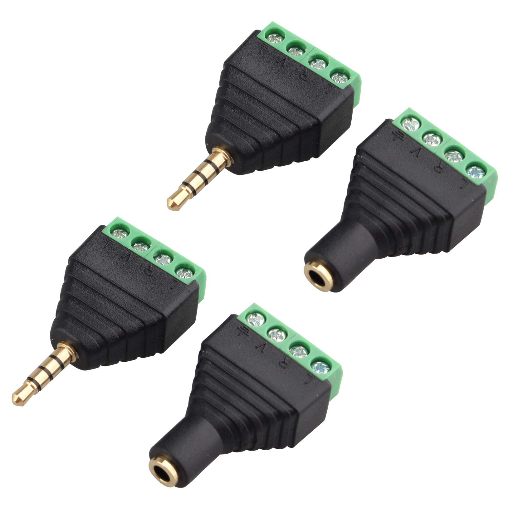 Jopto 2 Set 3.5mm 4 Pole Balun Converter Plug Connector Adapter - Audio Video AV PC Male to 4-Pin Screw Solderless Terminal Female for Stereo Sound Headphone Headset Microphone Earphone CCTV