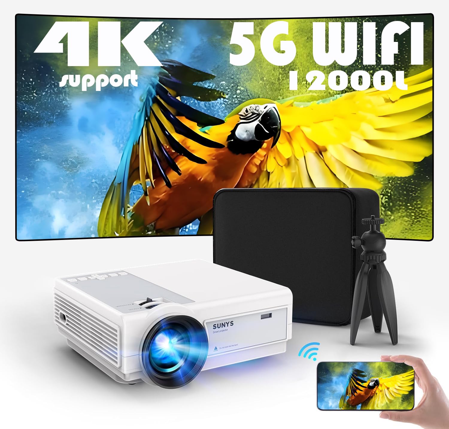 Sunys 4K Mini Projector, Native 1080P, 12000 L, WiFi & Bluetooth, Android 11, Portable Smart Home Movie Projector for Phone/TV Stick/Laptop