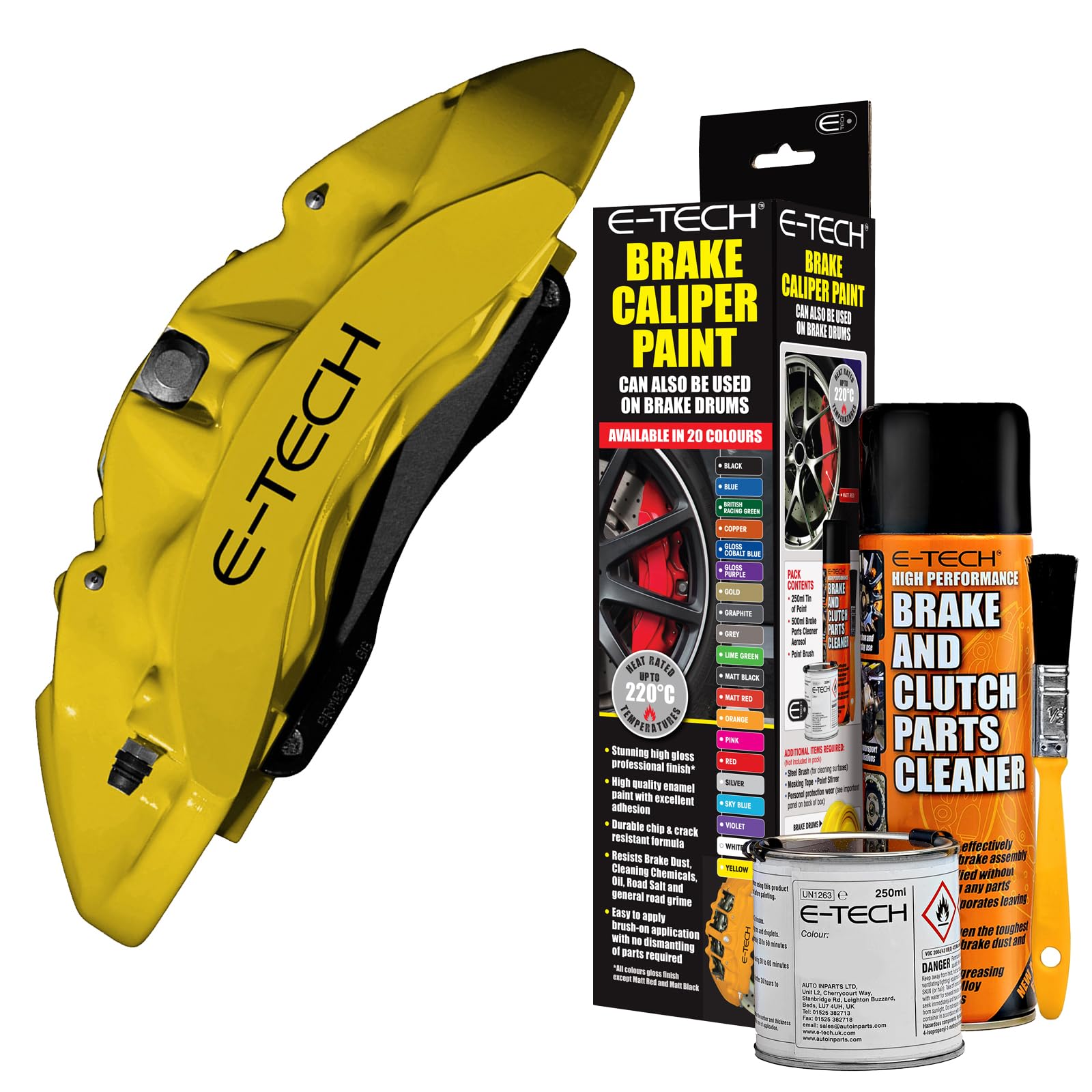 E-TECH Yellow Brake Caliper/Drum Paint - EBCP-Y - Complete Kit Inc Paint/Cleaner & Brush