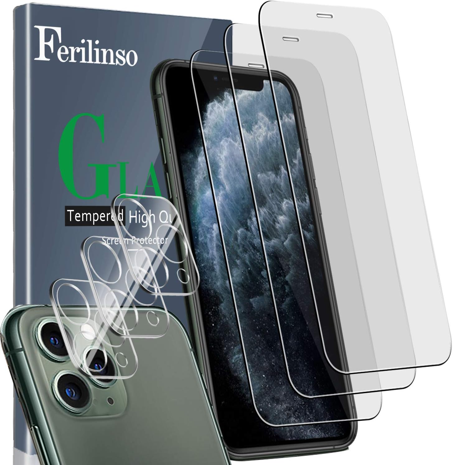 Ferilinso [6 Pack] 3 Pack Tempered Glass Screen Protector + 3 Pack Camera Lens Protector for iPhone 11 Pro Max (6.5''), HD Clarity 9H Glass Screen Protector