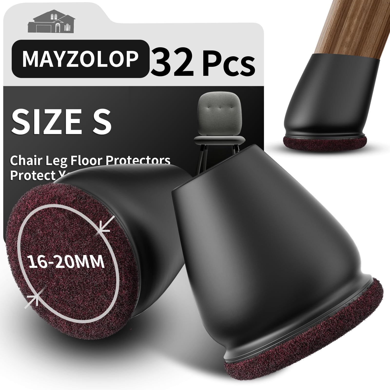 MAYZOLOP 32PCS Chair Leg Floor Protectors, 0.75inch Small Black Chair Leg Caps for Tilt Chair Legs, Hardwood Floor Protectors for Furniture Legs with Felt Pads Sliders,No Scratches No Noise