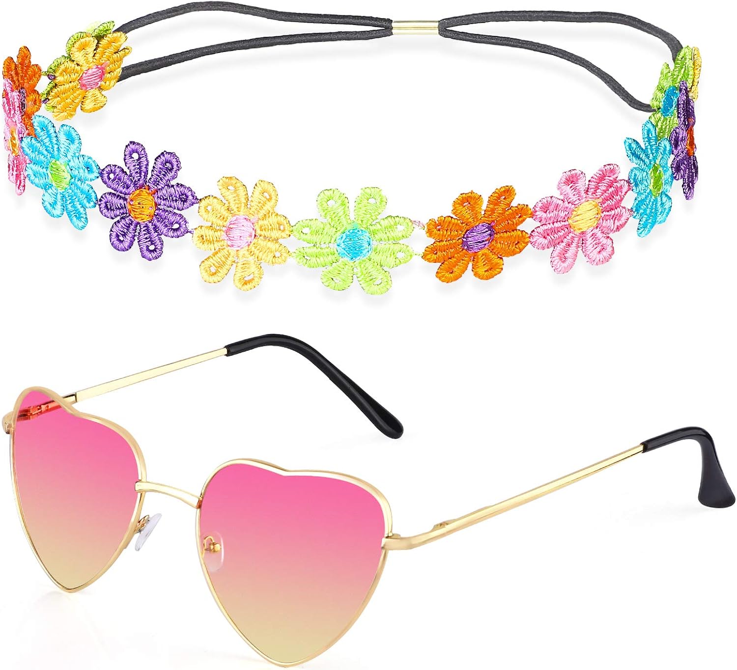 Beelittle Hippie Costume Set - 60's Style Retro Vintage Glasses Peace Sign Necklace Sunflower Crown Hair Band 60s Hippie Dressing Accessory Set (D): Clothing