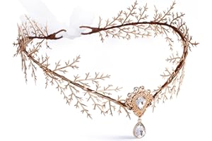 MOSTORY Gold Elf Flower Crown - Handmade Fairy Floral Headband Woodland Elven Headpiece with Rhinestone Accessory for Women Girls Wedding Renaissance Halloween Cosplay Prom Photoshoot