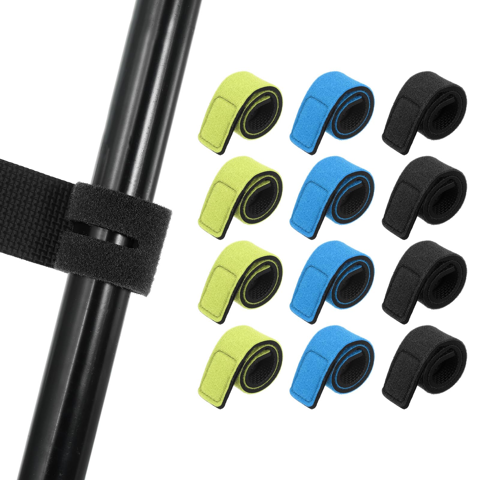 PATIKIL Fishing Rod Straps, 12 Pcs Hook & Loop Fishing Rods Ties Wrap Elastic Pole Straps Belt Stretchy Tackle Ties Casting Holders Bands for Spinning Casting Rod Fly Rod, Black/Blue/Green