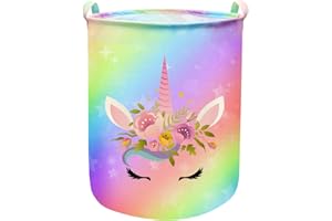 AYNAXCOL Unicorn Laundry Basket Hamper Large Sized Round Storage Basket Waterproof Bin Collapsible Laundry Basket for Girls Room Organizer, Bedroom Nursery Playroom Clothes (43.3L Cute Unicorn Laundry)