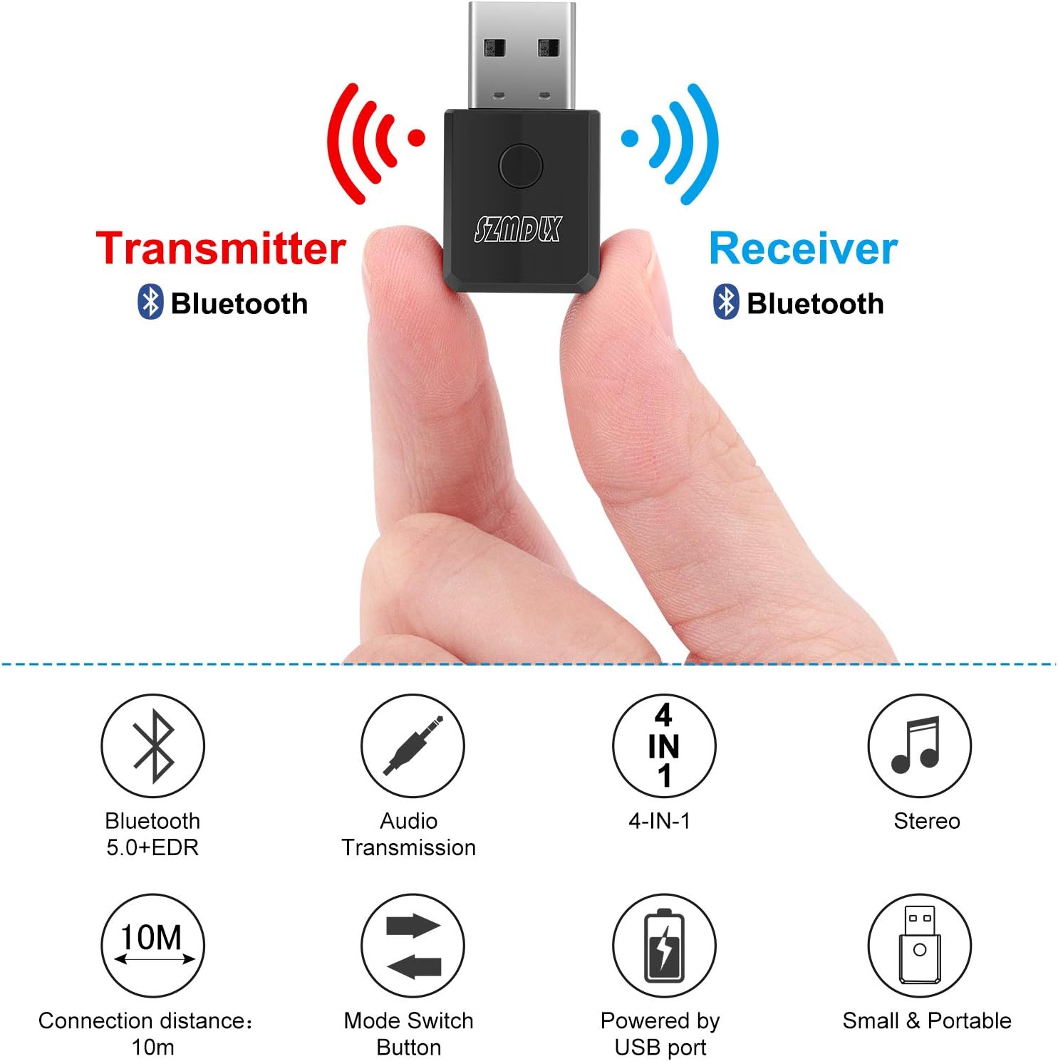 SZMDLX USB Bluetooth 5.0+EDR Adapter, Mini Bluetooth Transmitter und Receiver 3in1, 2 Modes Hi