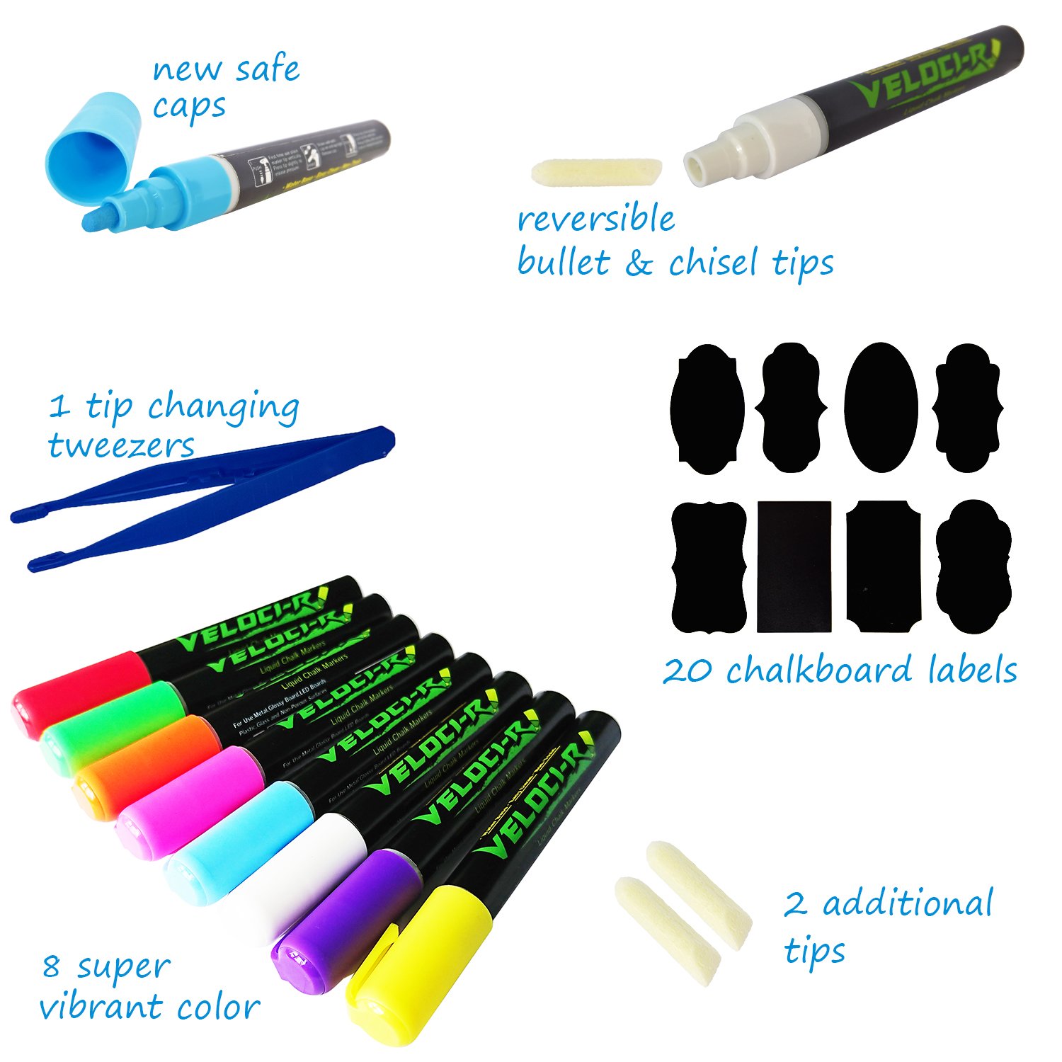 Liquid Chalk Markers 8 Colored Washable Pens with Reversible Bullet And Chisel Tip - Child Friendly - Perfect for Chalkboards, Bistro, Windows, Glass, Labels, Whiteboards