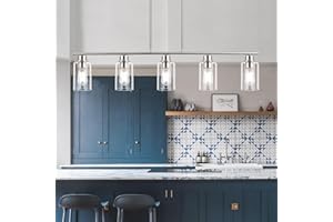 mavcadonf Kitchen Island Light, 5-Light Pendant Lighting, Farmhouse Dining Room Light Fixtures for Kitchen Island Dining Living Room, Brushed Nickel with Clear Glass Shade