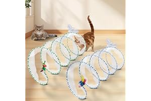 EggSun 2-Piece Spiral Cat Tubes for Indoor Cats, Large Collapsible Tunnel with Feather Mouse Interactive Toy (Green + Blue & White)