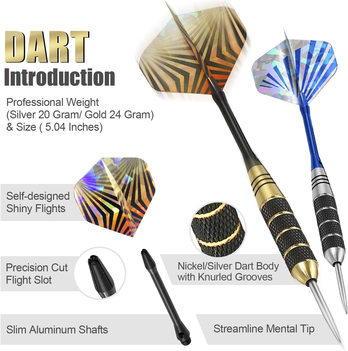 Steel Tip Darts Set for Dartboard Professional 6 Pcs 20/24g With Nickel Steel Barrel, 6 Additional Shafts, 10 Designed Flights, Flight Protector, Dart Sharpener and Gift Case (Silver & Gold #1) : Sports & Outdoors