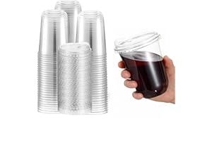 Linjhokbs 50 Pack 16 Oz Clear Plastic Cups with Lids,Crystal Clear Cups with Strawless,for Cold Drinks Smoothie Milkshake Lem