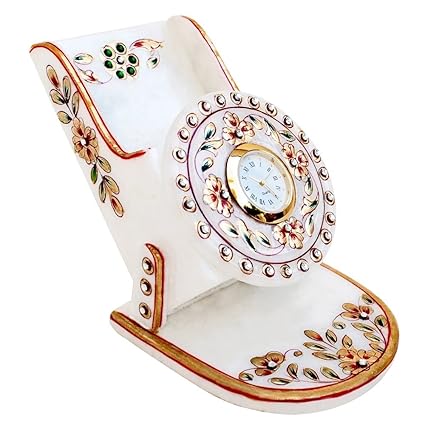 Handicrafts Paradise Rajasthani Work Marble Mobile Holder with Clock (9.5 cm x 10.9 cm x 10.2 cm, Multicolor)