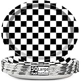 Qyeahkj 50 PCS Black and White Plaid Oval Paper Plates Large 11" Disposable Racing Car Party Decorations Black Checkered Supplies Favor for BBQ Picnic Birthday Party Tableware Set
