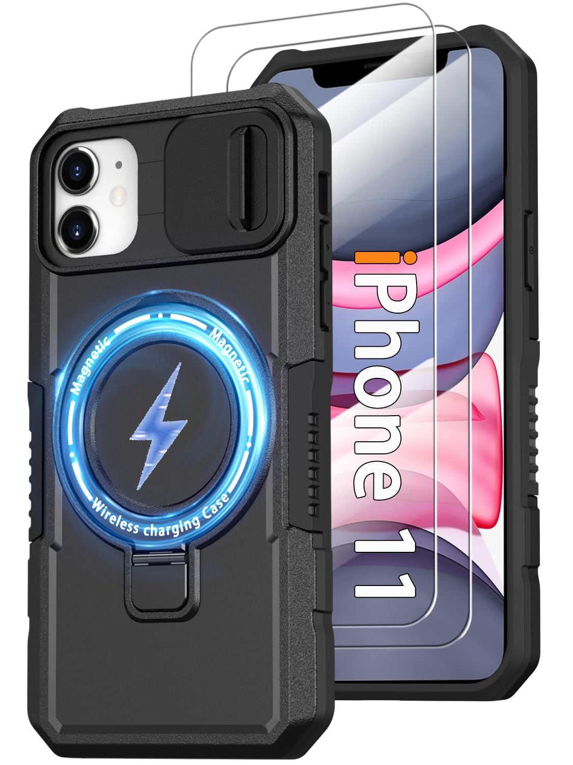 Magnetic Case for iPhone 11 with Ring Stand [Compatible with MagSafe] [2X Screen Protector] Military Grade Case with Slide Camera Cover, Heavy Duty Shockproof Cover for iPhone 11 6.1 inch, Black