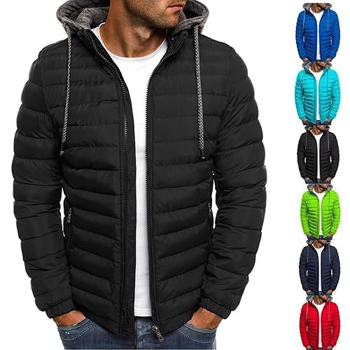 Mens Puffer Jacket Water Resistant Hooded Insulated Quilted Jackets Winter Lightweight Cotton Padded Coat For Cold Weather With Pockets Drawstring Black L