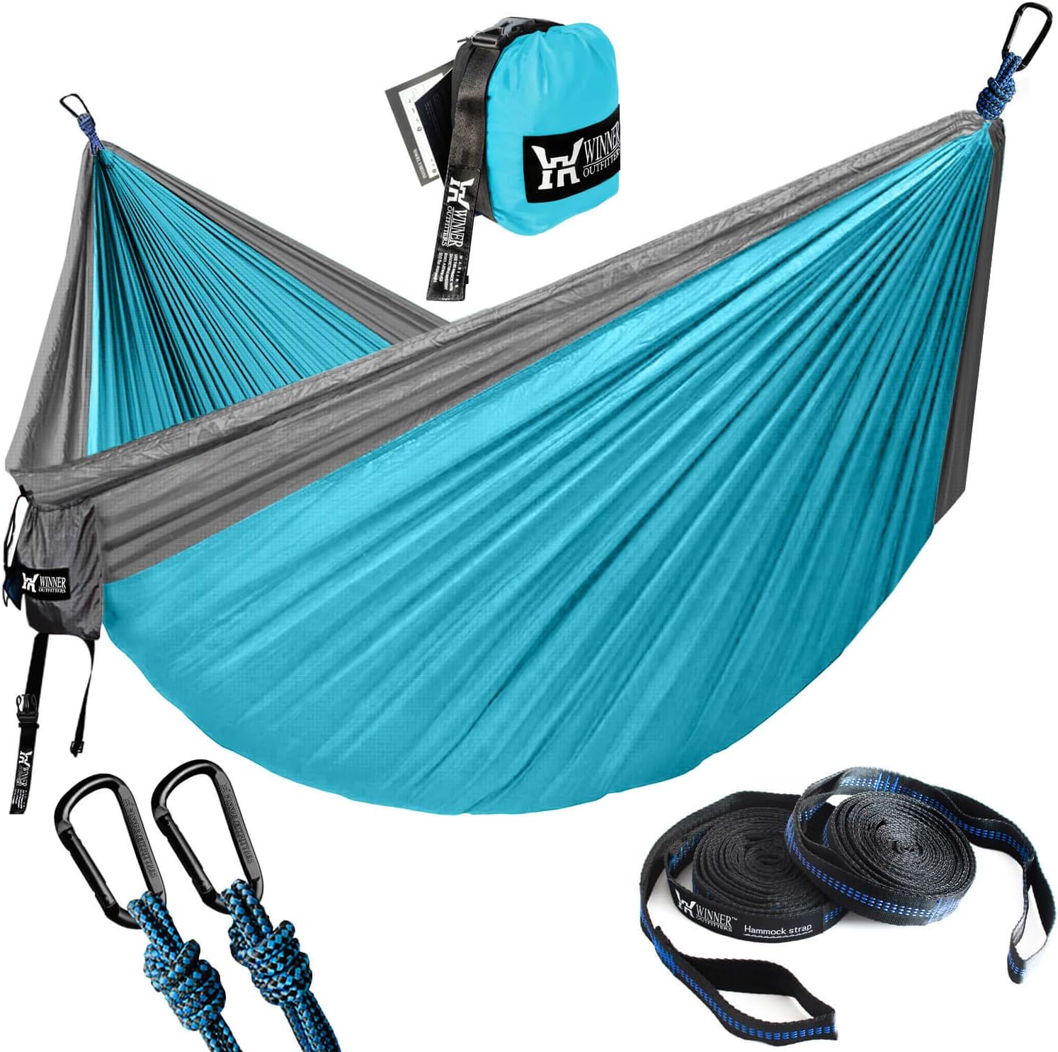 WINNER OUTFITTERS Double Camping Hammock with Straps - Lightweight Nylon Portable Hammock, Best Parachute Double Hammock for Backpacking, Camping, Travel, Beach, Yard. 118"(L) x 78"(W) Grey/Blue