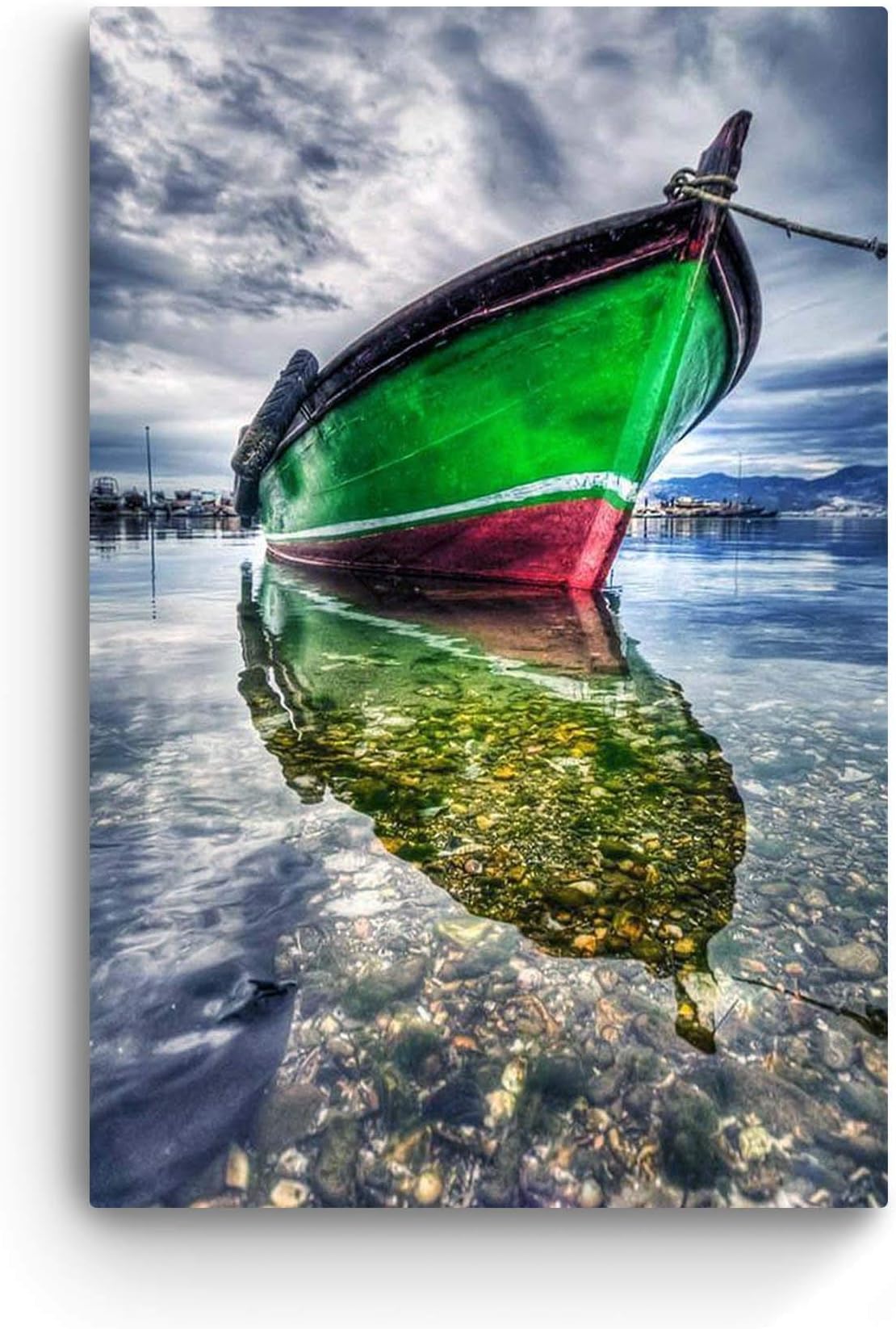 Glass Wall Art Startonight - Acrylic Decor Colored Green Boat on Calm Water, Zen Artwork 24" x 36"
