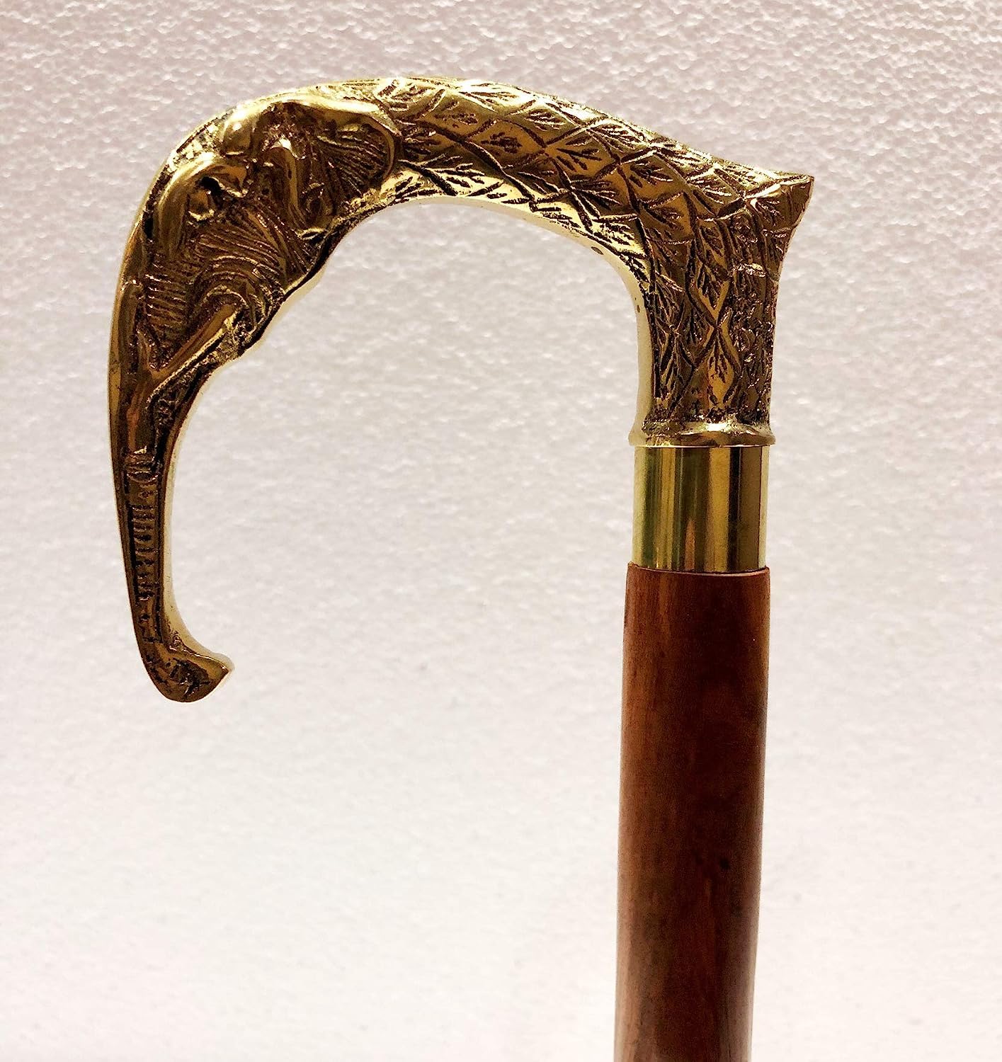 Shiny Brass Elephant Style Handle Brown Wooden Walking Stick Handmade Cane
