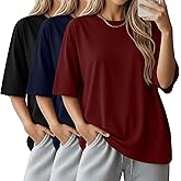 Velvelhall 3 Pack Women Oversized T-Shirts Loose Fit Workout Gym Shirts Crewneck Short Sleeve Tops Baggy Casual Basic Tee