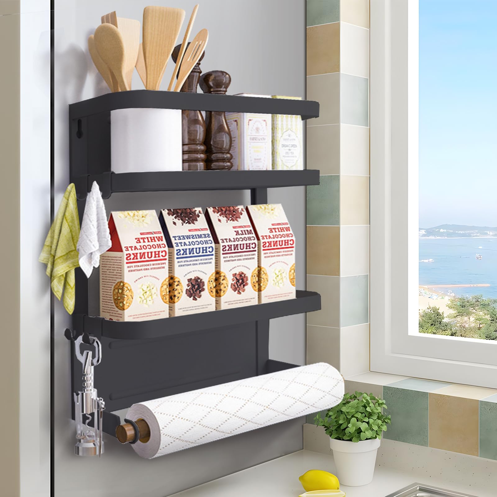 Photo 1 of Dr.BeTree Magnetic Spice Rack for Refrigerator Magnetic Paper Towel Holder for Fridge Magnetic Shelf Magnetic Shelves Fridge Magnet Organizer Spice Rack Kitchen Organization Kitchen Storage Black