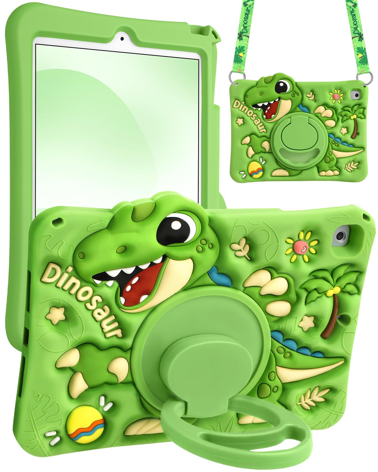 Photo 1 of Boaretiu for iPad 9.7 Inch for iPad 6th/5th Generation Case 2018 2017 - Cute Cartoon with Shoulder Strap & Rotating Stand for Boys Girls Teens Soft Silicone for Air1 Air2, Green Dinosaur