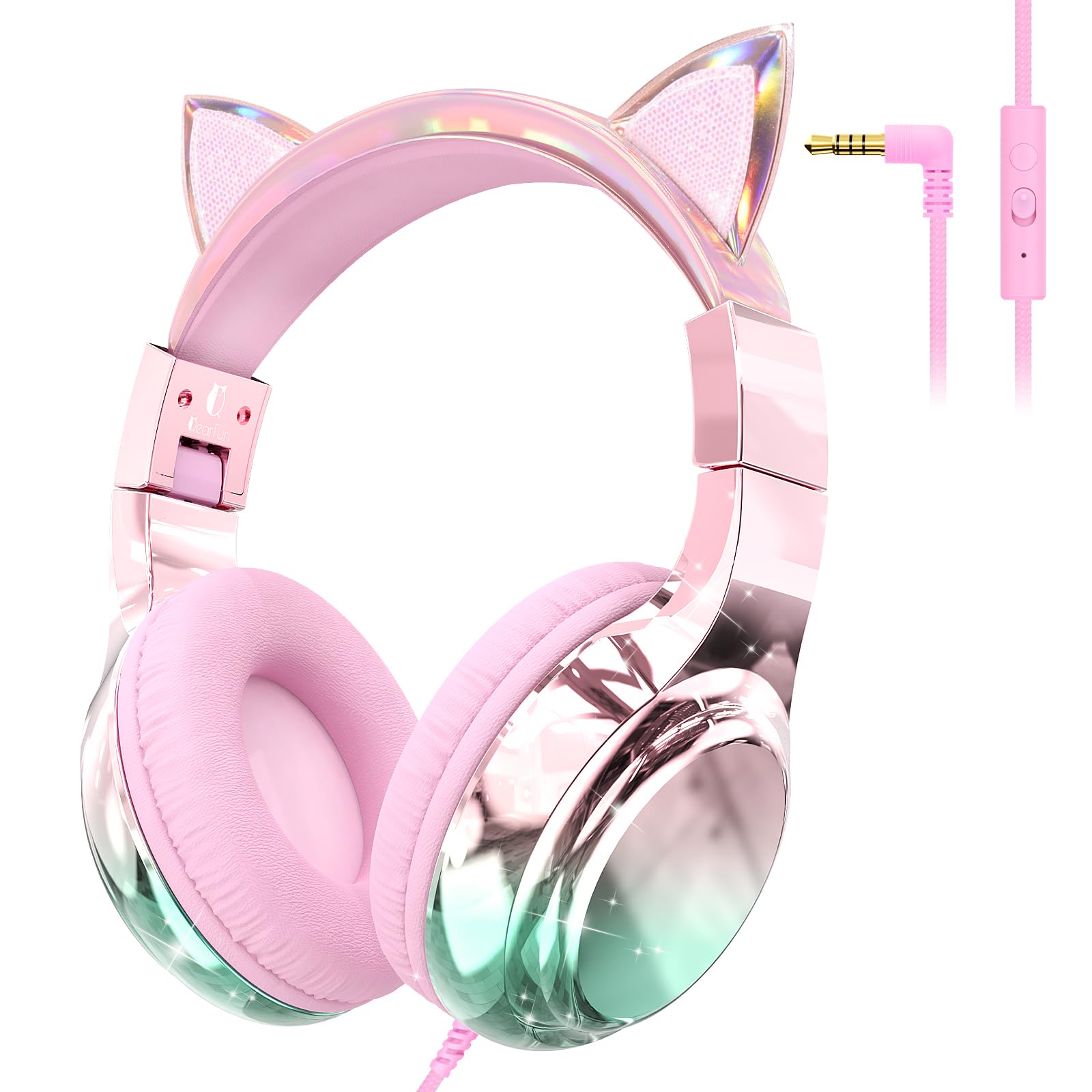 Photo 1 of QearFun Kids Cat Ear Headphones with Cord for Girls with Microphone, 85/94dB Safe Volume Limiter, Share Port, Foldable Sparkly Wired Headset for School, Travel, Tablet, iPad - Pink