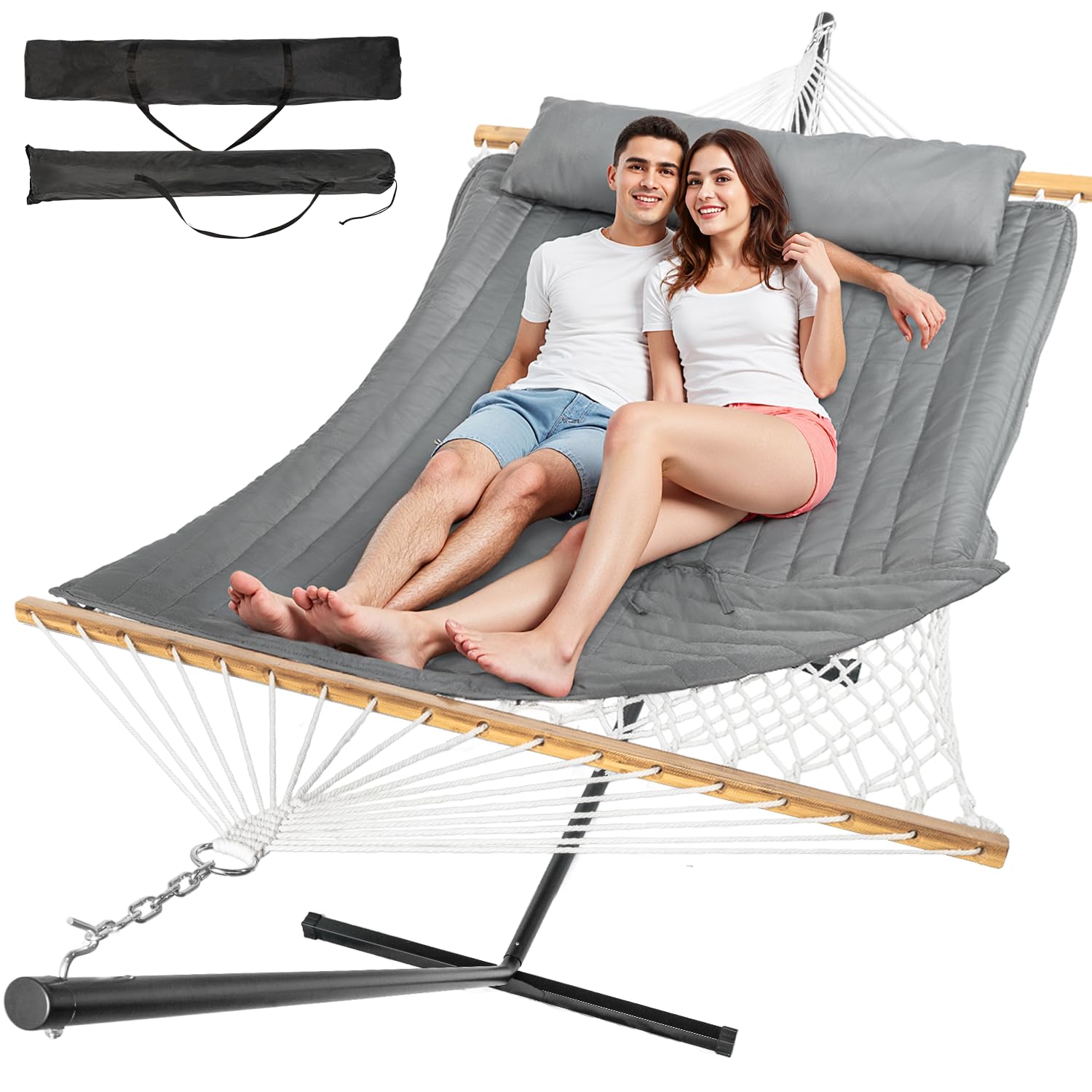 Photo 1 of **FOR PARTS /MISSING ASSEMBLY PIECES** Everyfun 2 Person Outdoor Hammock with Stand, Cotton Rope Hammock with Polyester Pad, Adjustable Steel Frame, Portable with Carrying Bag – for Patio, Backyard, Garden, Beach,Dark-Gray