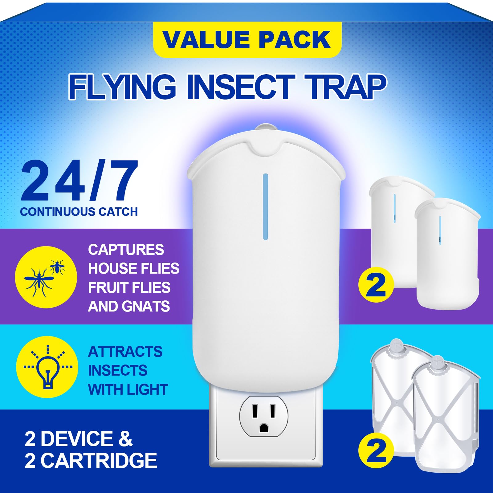 Photo 1 of 2 Flying Insect Traps & 2 Cartridges - Compatible with ZEVOM364A Refill - Plug in Fruit Fly Trap for Indoor - Bug Catcher for Gnats, House & Fruit Flies - Use in Any Room (2 Device & 2 Cartridges)