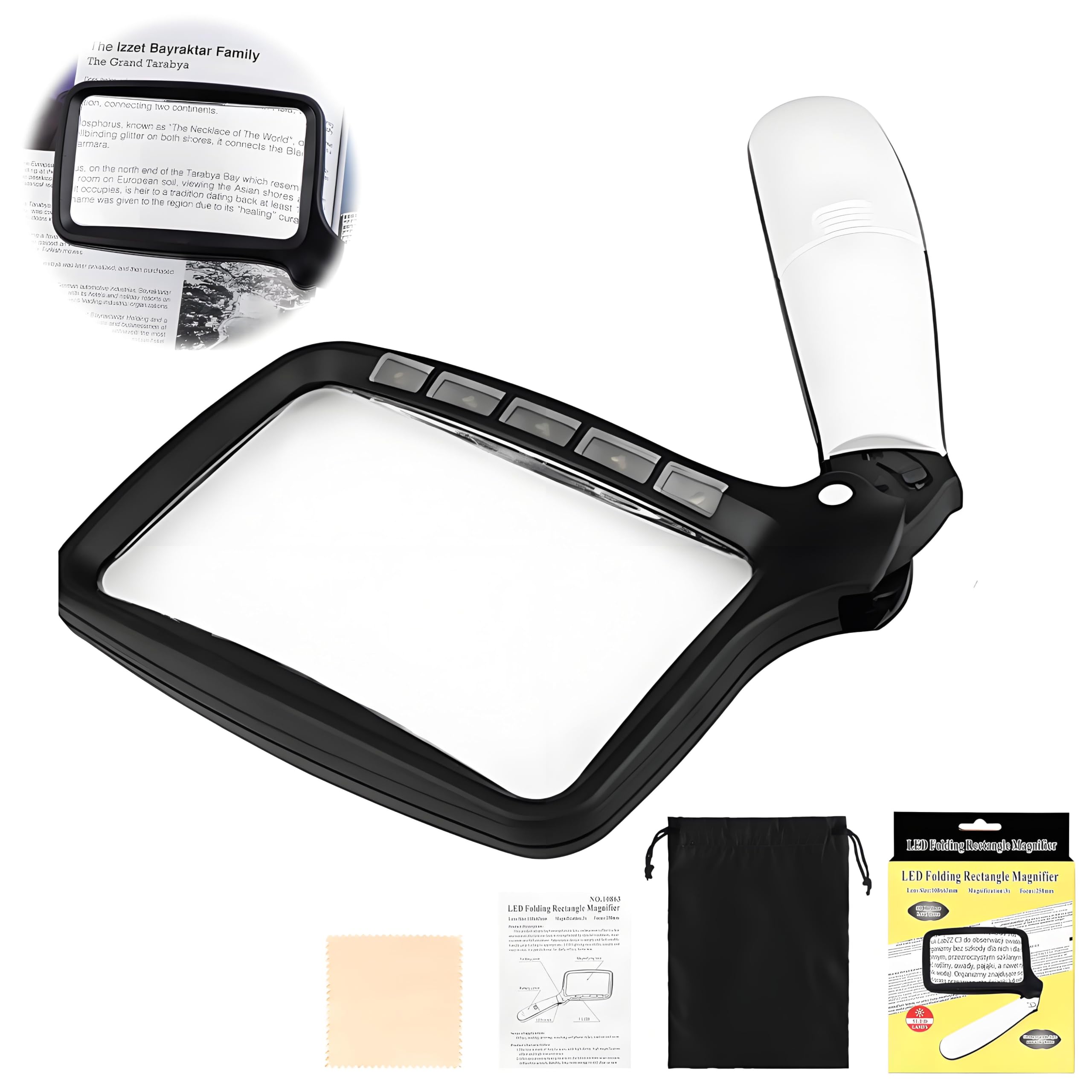 Rectangular Magnifying Glass, Magnifying Glass with Light, Magnifier Large Foldable Handheld 5 LED, 3X Large Reading Magnifier for Seniors Low Vision Books Pages Magazines Newspapers Maps Jewelry
