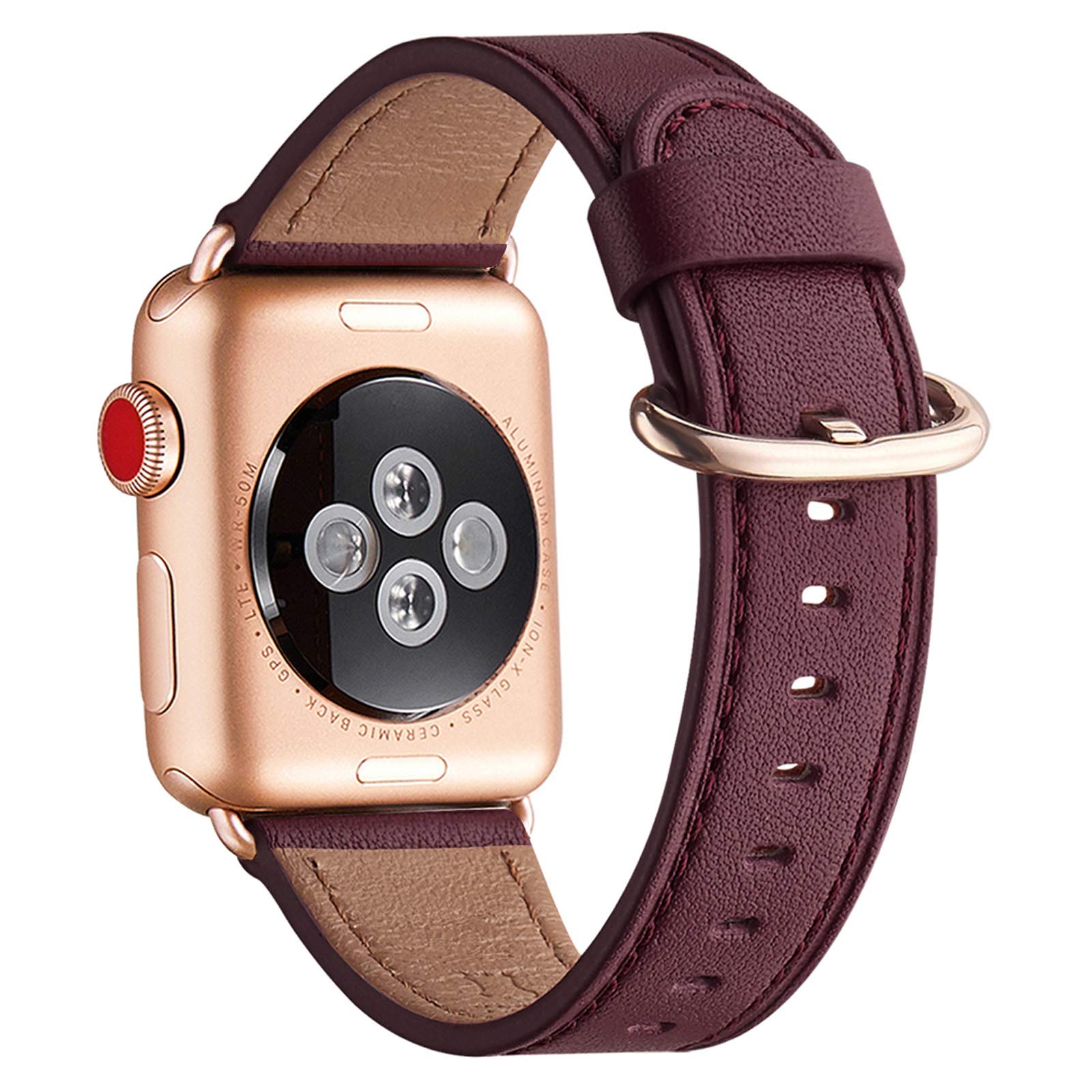 WFEAGL Strap Compatible for Watch Strap 42mm 44mm,Many Colours of Top Grain Leather Band Replacement Strap Compatible with Watch Series 5/4/3/2/1(42mm 44mm,Wine Band+RoseGold Adapter) โ image 1