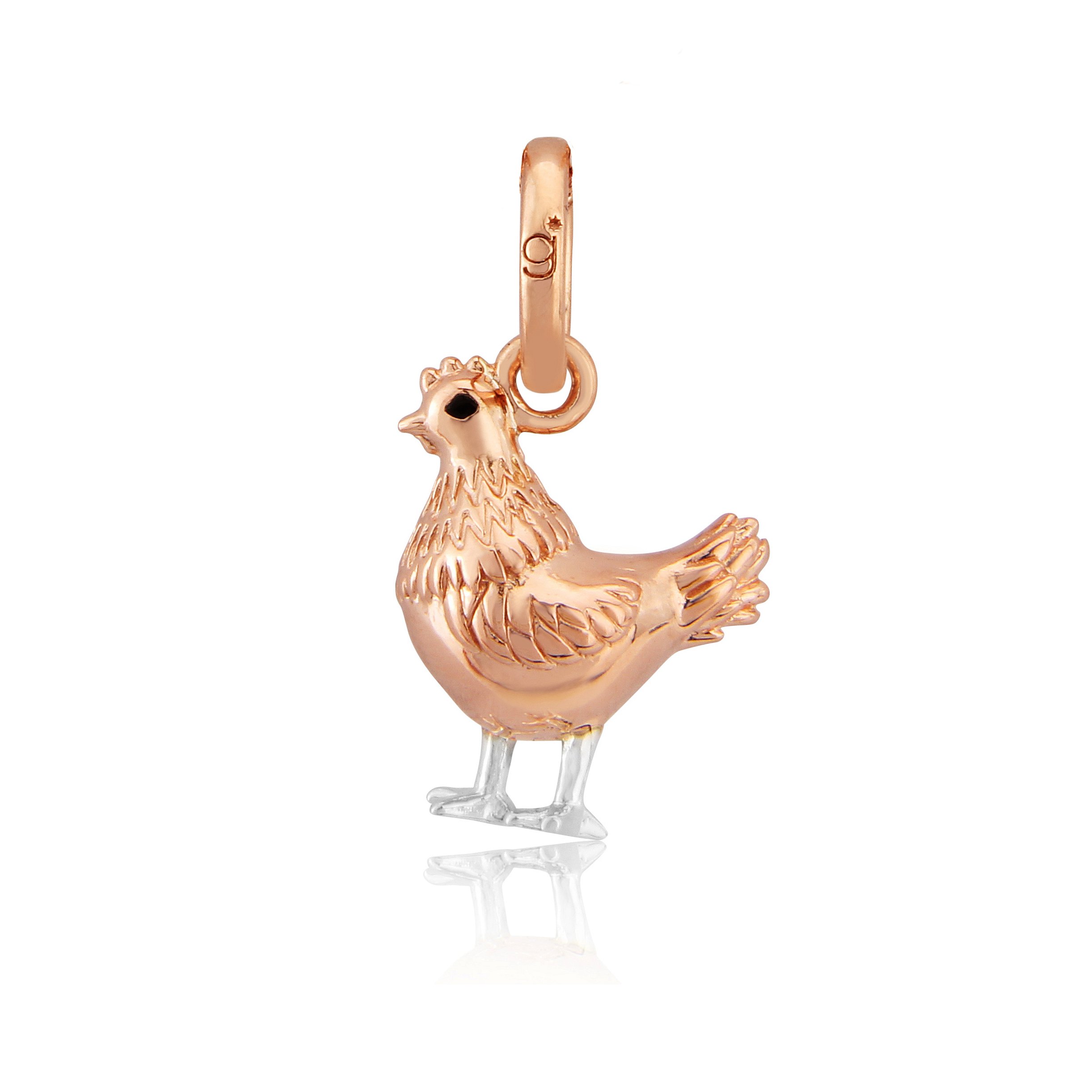 Gemma J Chicken Charm - solid silver with rose gold plating.