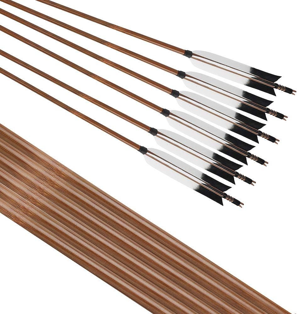 PG1ARCHERY Bamboo Arrows, 12 Pack Practice Target Arrow Handmade Self Nock Feather Fletched 6.2" Vane for Longbow Traditional & Recurve Bow Gray White : Sports & Outdoors