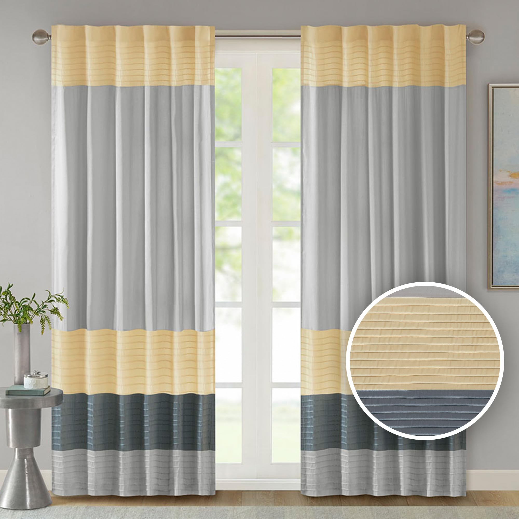Madison Park Window Curtain Single Panel Faux Silk, Elegant Pleats, Rod Pocket Curtains for Living Room Privacy, Room Darkening Window Curtain for Bedroom and Dorm, Amherst, 84" L x 50" W, Yellow