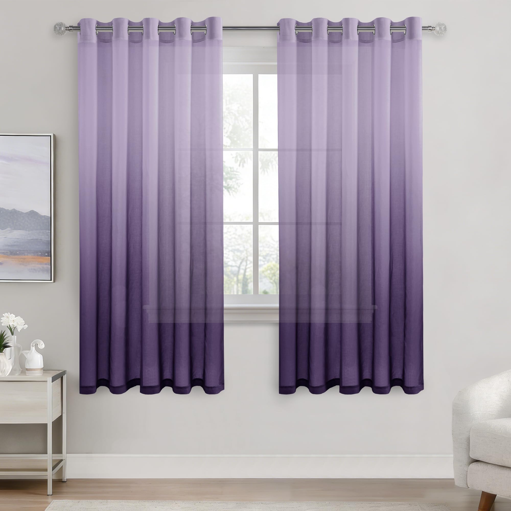 DWCN Voile Net Curtain 72 Drop Pair Purple Gradient Curtains for Living Room Sheer Curtains for Bedroom Eyelet Set of 2, 66 x 72 Inches